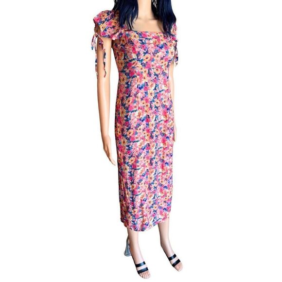 Sadie & Sage Pink Floral Puff Sleeve Midi Dress Small NWT Romantic Boho Smocked - Picture 2 of 6